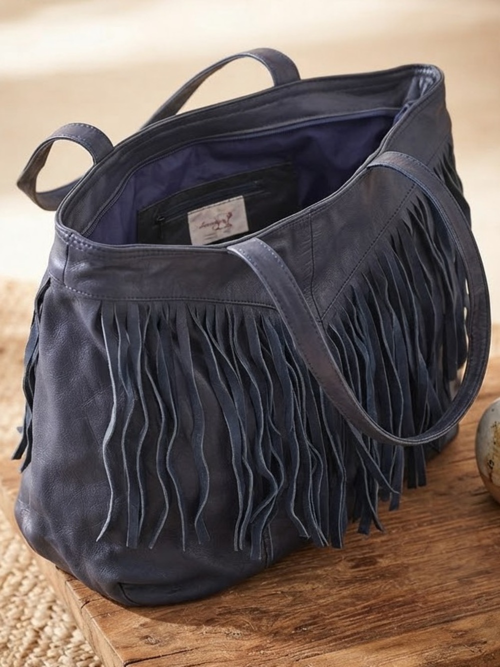 Vintage Fringe Leather Tote Bag by Lopes Camacho Navy EUC